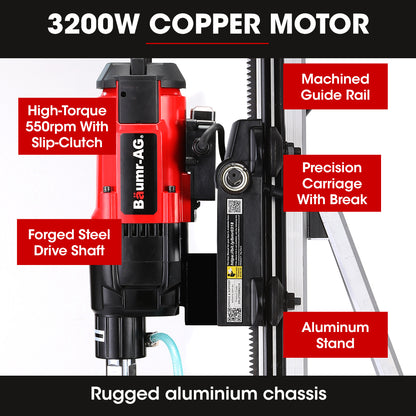 3200W Wet/Dry Core Drill with 0.3m Bit & Wheeled Rig for Concrete Coring