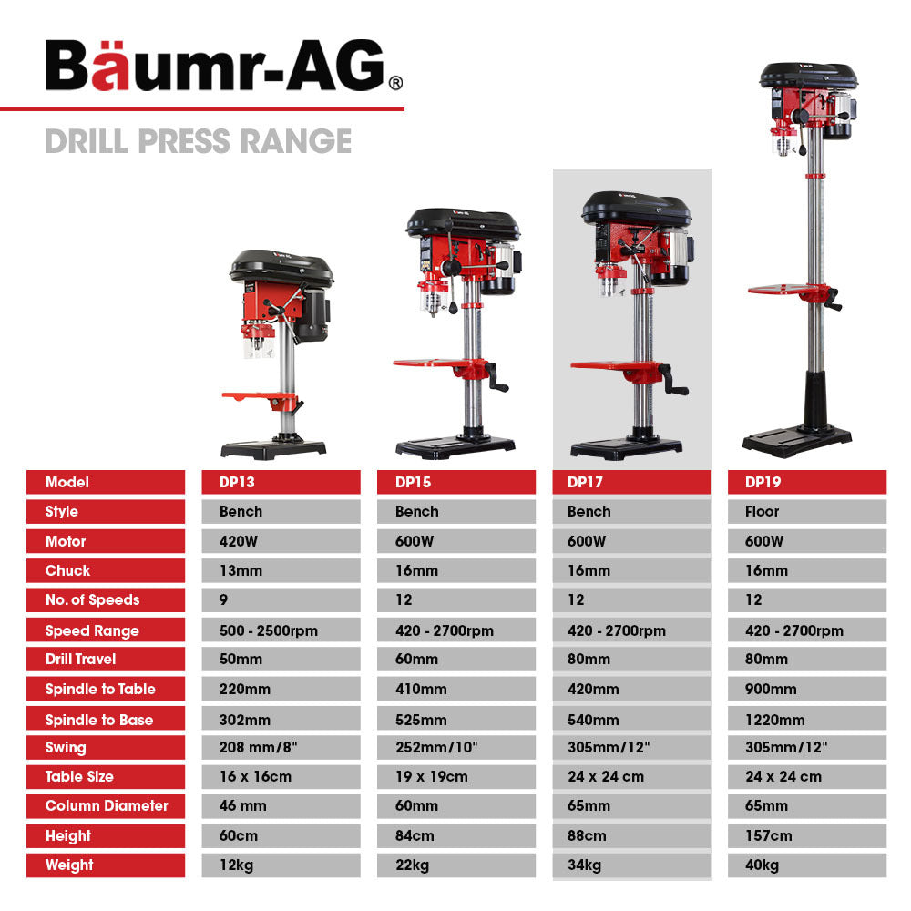 600W Bench Drill Press, 12 Speeds, 0.3m Swing, 16mm Chuck, Adjustable Table