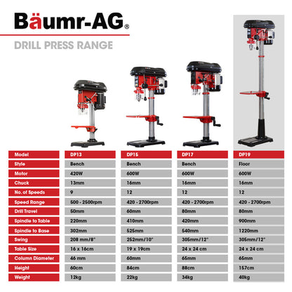 600W Pedestal Drill Press with 12 Speeds, 16mm Chuck, 0.3m Swing (DP19)