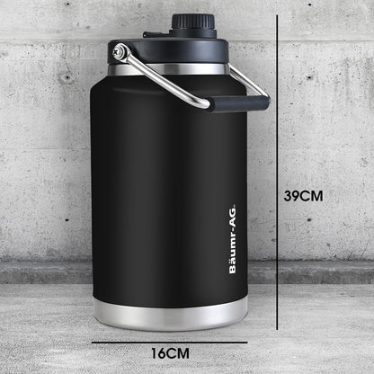 3.8L Double Wall Insulated Steel Water Jug with Handle, Leak-Proof, Black