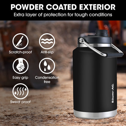 3.8L Double Wall Insulated Steel Water Jug with Handle, Leak-Proof, Black