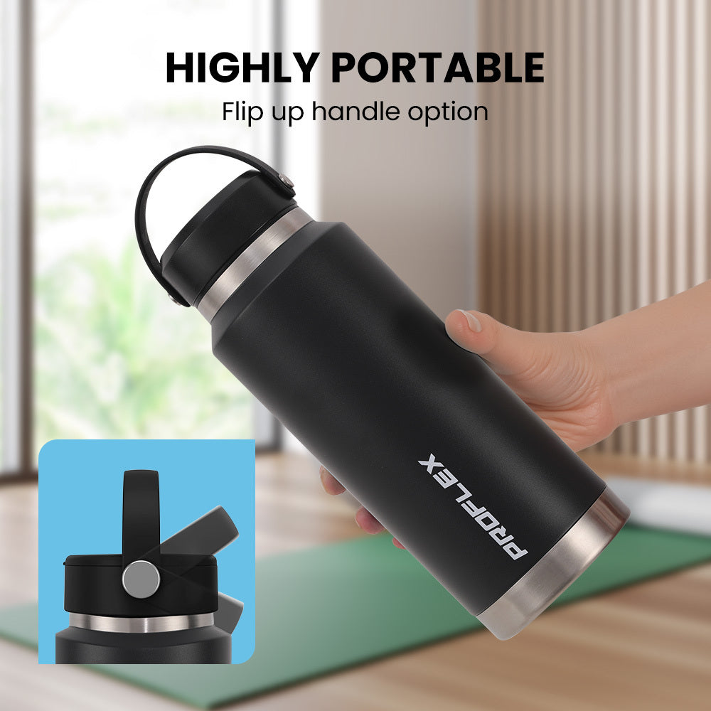1L Double Wall Insulated Stainless Steel Water Bottle with Handle, Black