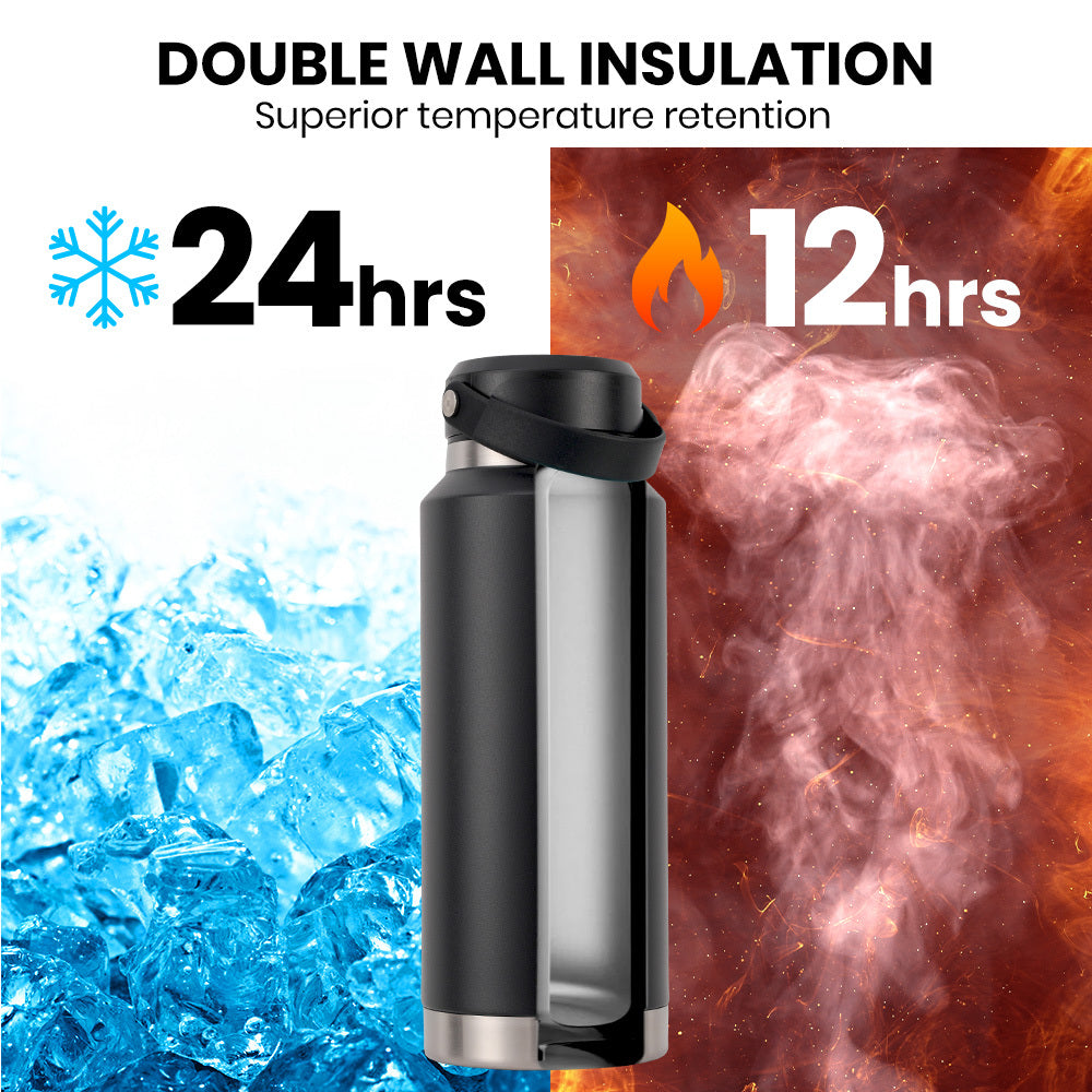 1L Double Wall Insulated Stainless Steel Water Bottle with Handle, Black
