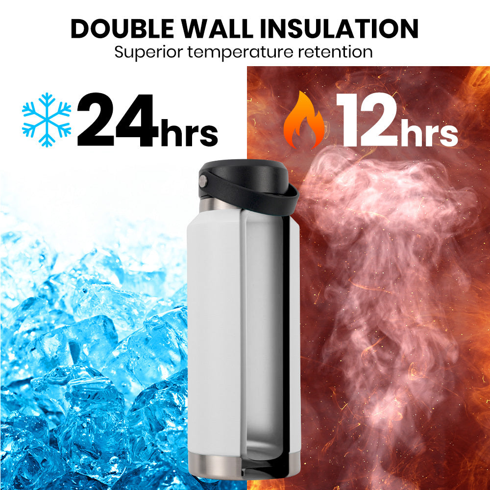 1L Double Wall Insulated Stainless Steel Water Bottle with Handle - White