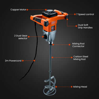 Electric 1800W Mixer with Dual Gear, 7-Speed Control - 5kg, 1.8m Shaft