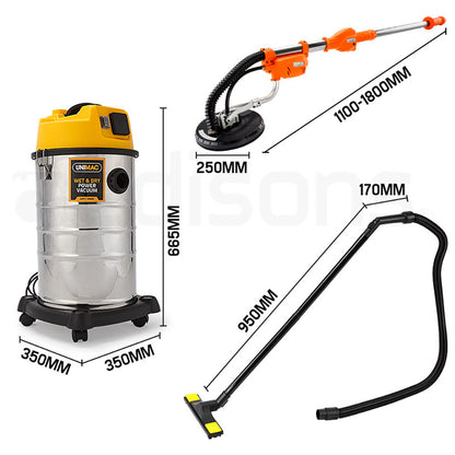 Dustless Drywall Sander with 1.83m Telescopic Handle & 30L Vacuum Combo