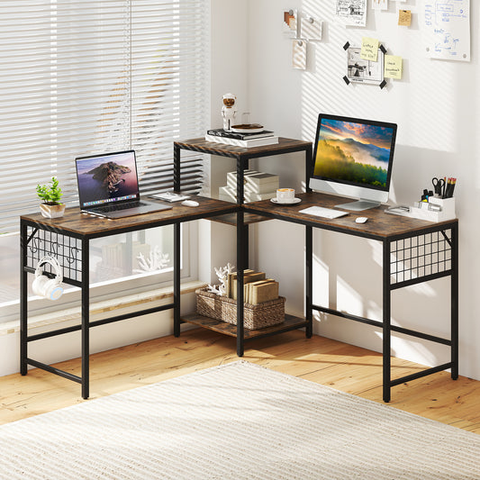 2-Person L-shaped Desk with Printer Stand and Adjustable Shelf-Rustic Brown