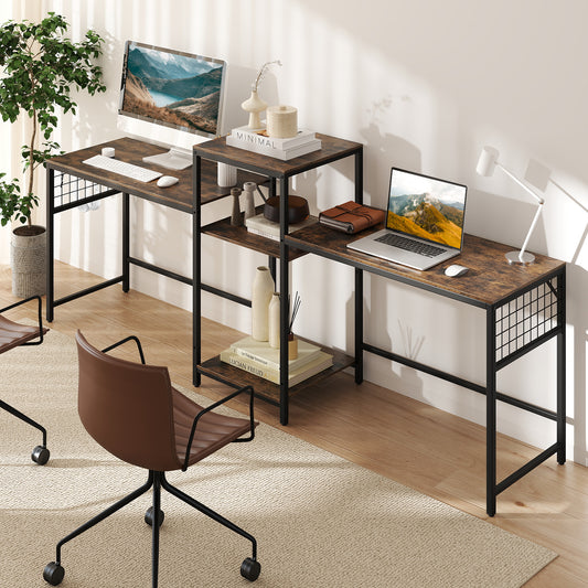 2-Person L-shaped Desk with Printer Stand and Adjustable Shelf-Rustic Brown
