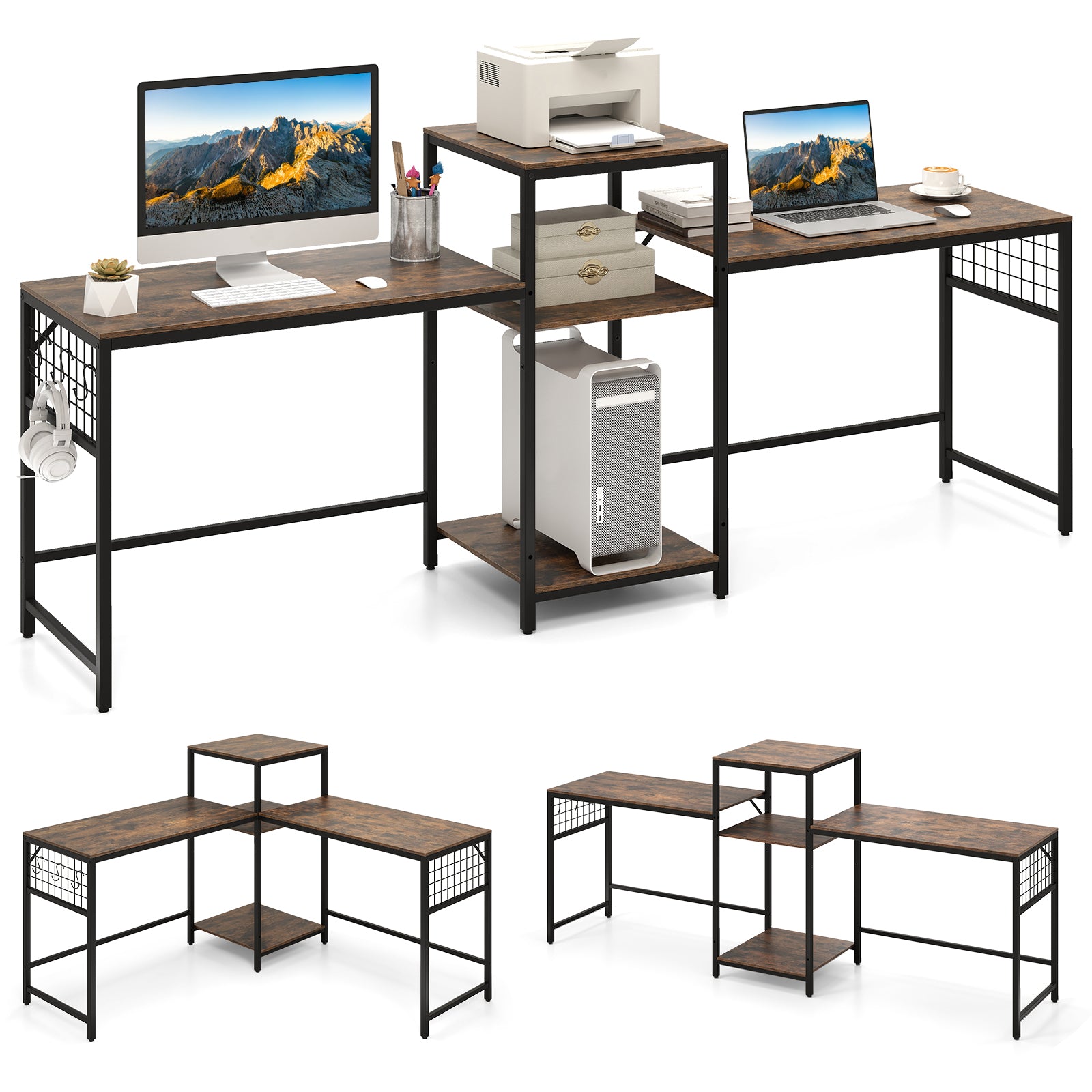 2-Person L-shaped Desk with Printer Stand and Adjustable Shelf-Rustic Brown