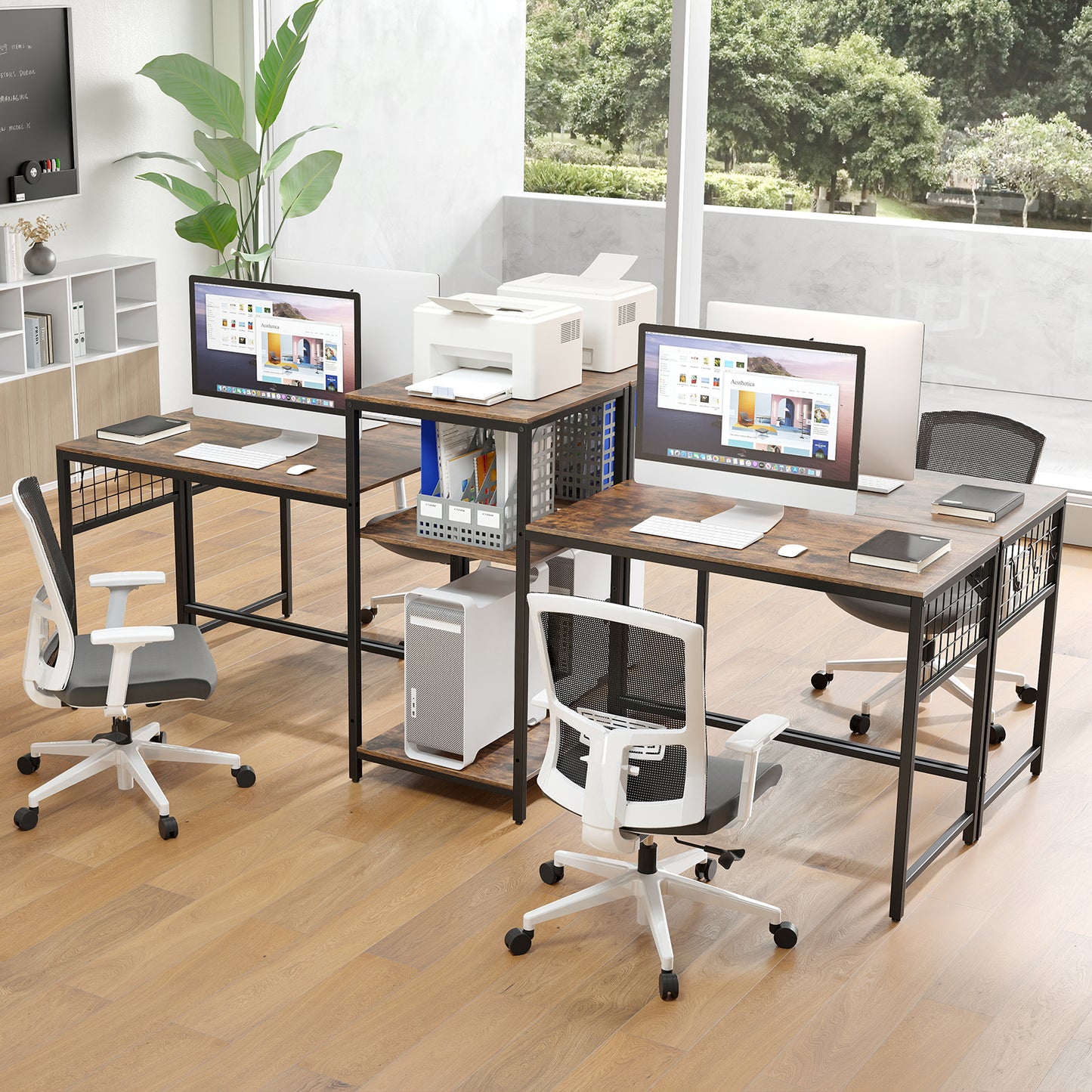 2-Person L-shaped Desk with Printer Stand and Adjustable Shelf-Rustic Brown