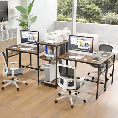 2-Person L-shaped Desk with Printer Stand and Adjustable Shelf-Rustic Brown
