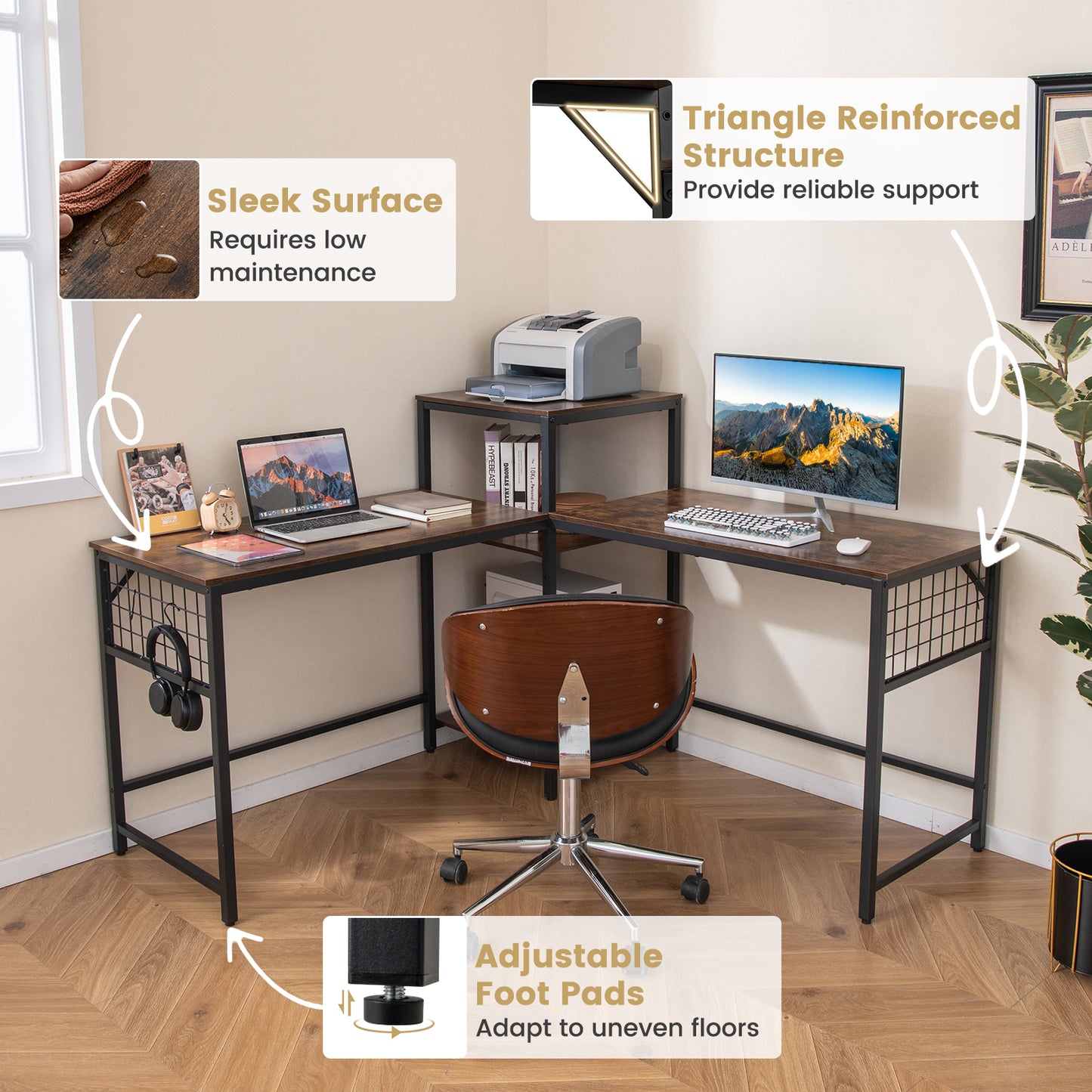 2-Person L-shaped Desk with Printer Stand and Adjustable Shelf-Rustic Brown