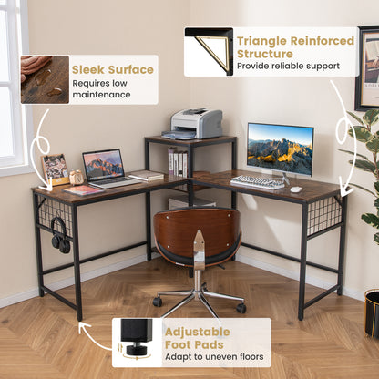 2-Person L-shaped Desk with Printer Stand and Adjustable Shelf-Rustic Brown