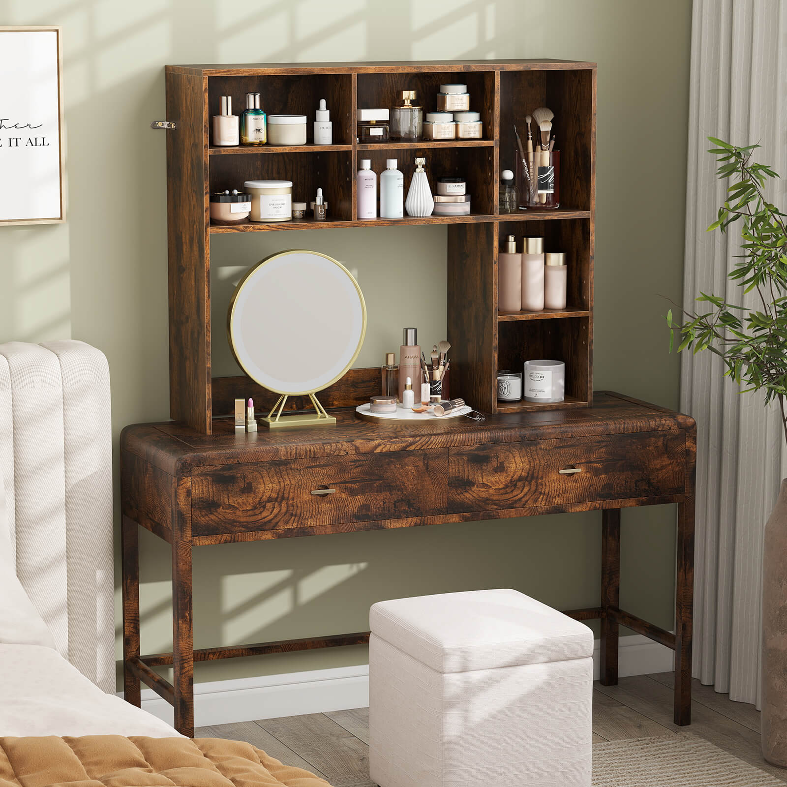 Desktop Bookshelf Desk Hutch with 3 Adjustable Shelves-Rustic Brown
