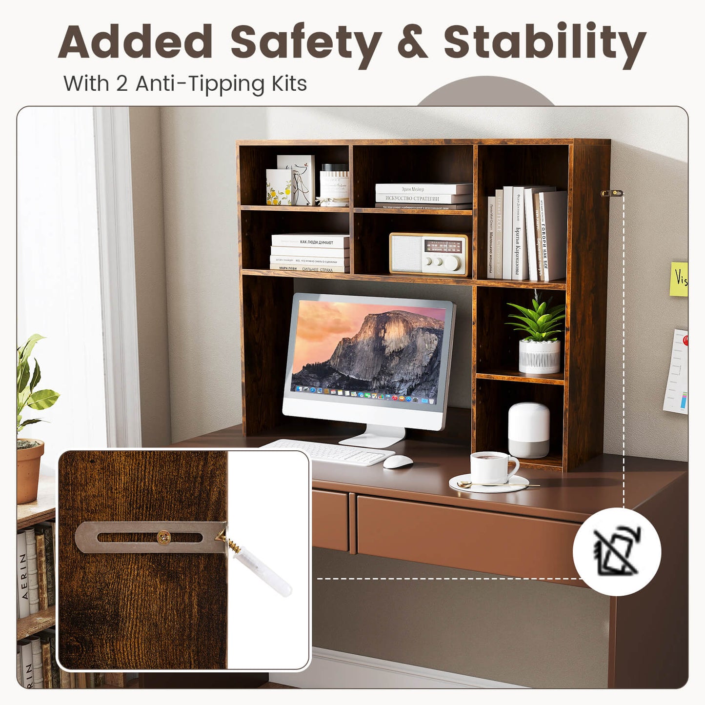Desktop Bookshelf Desk Hutch with 3 Adjustable Shelves-Rustic Brown