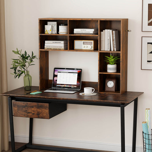 Desktop Bookshelf Desk Hutch with 3 Adjustable Shelves-Rustic Brown