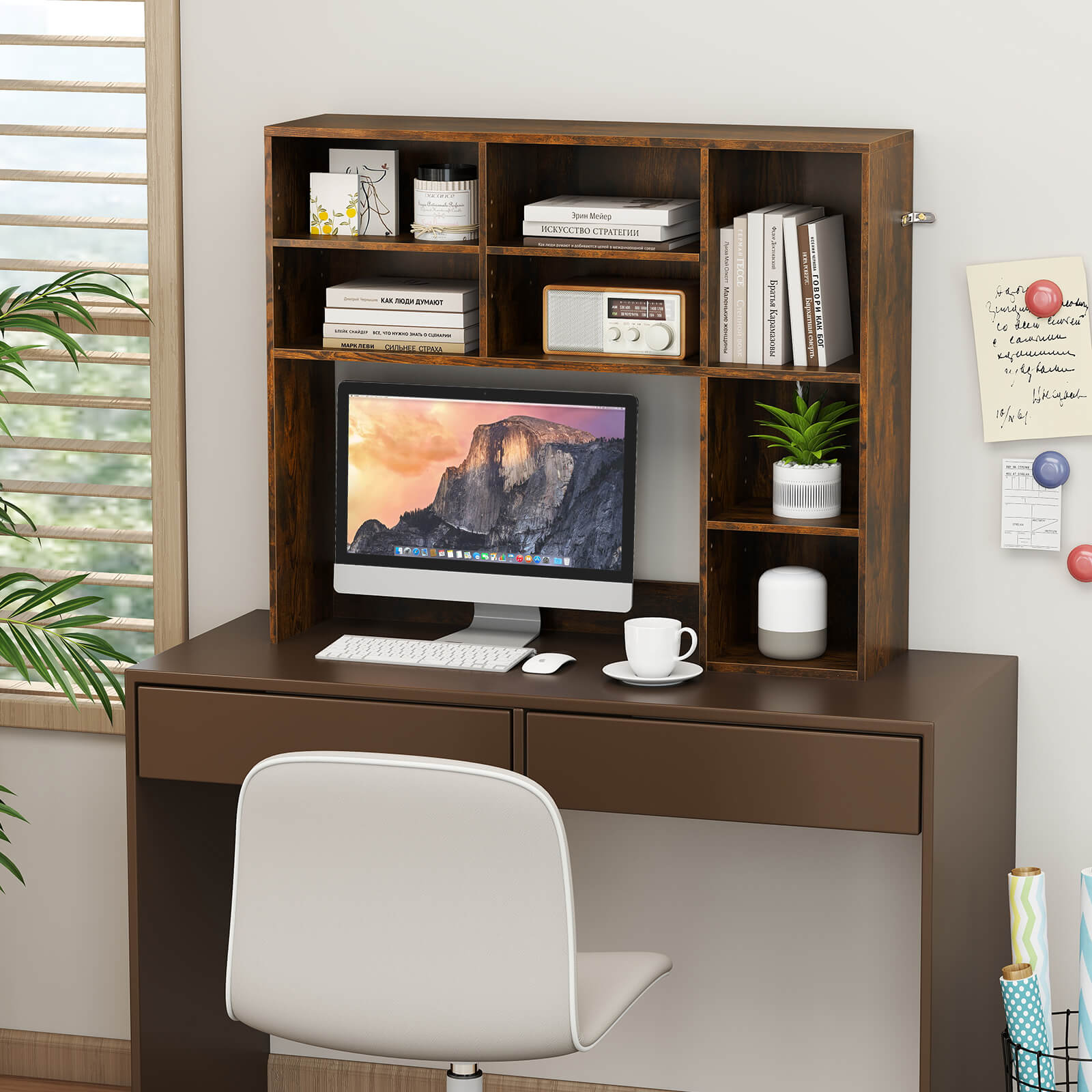 Desktop Bookshelf Desk Hutch with 3 Adjustable Shelves-Rustic Brown