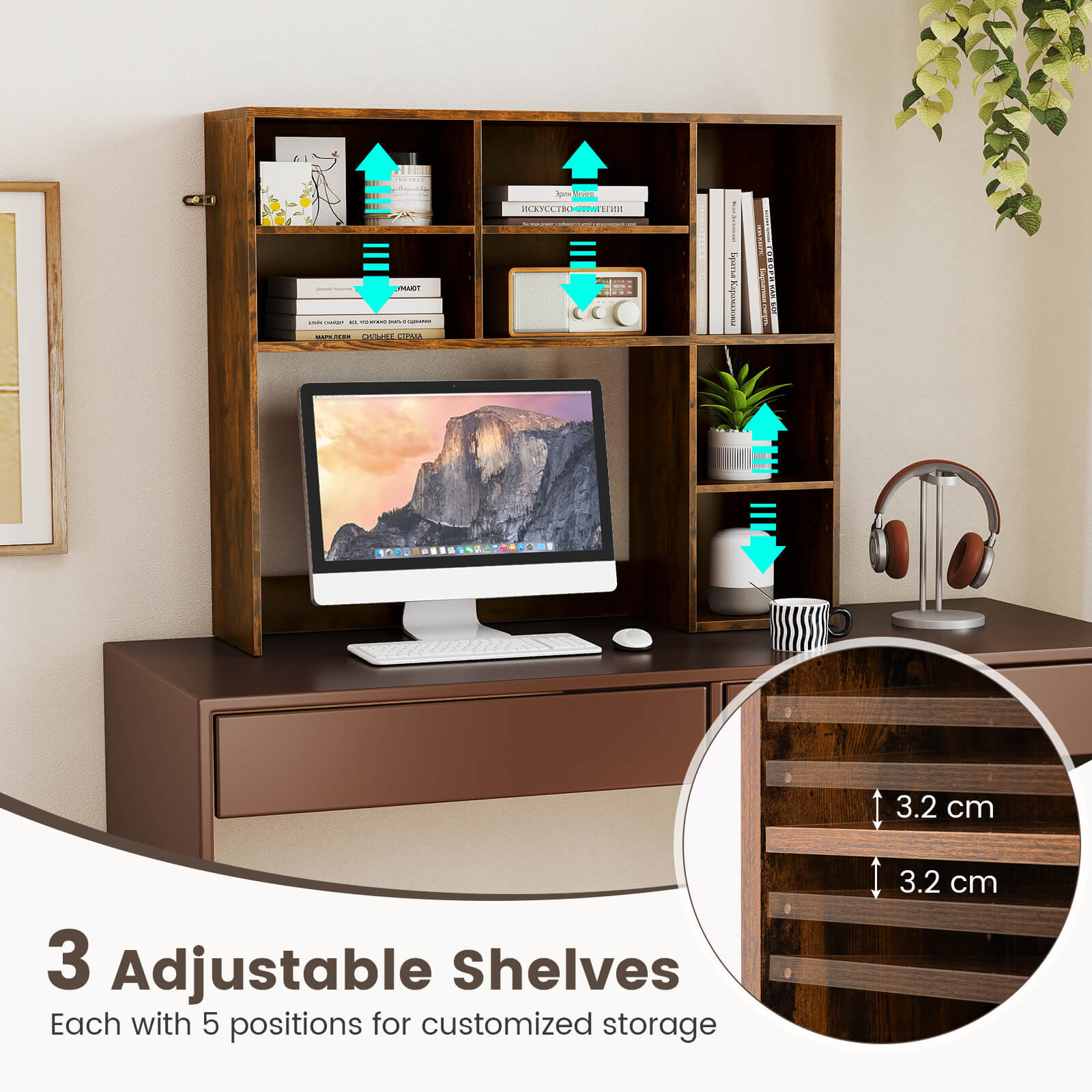 Desktop Bookshelf Desk Hutch with 3 Adjustable Shelves-Rustic Brown