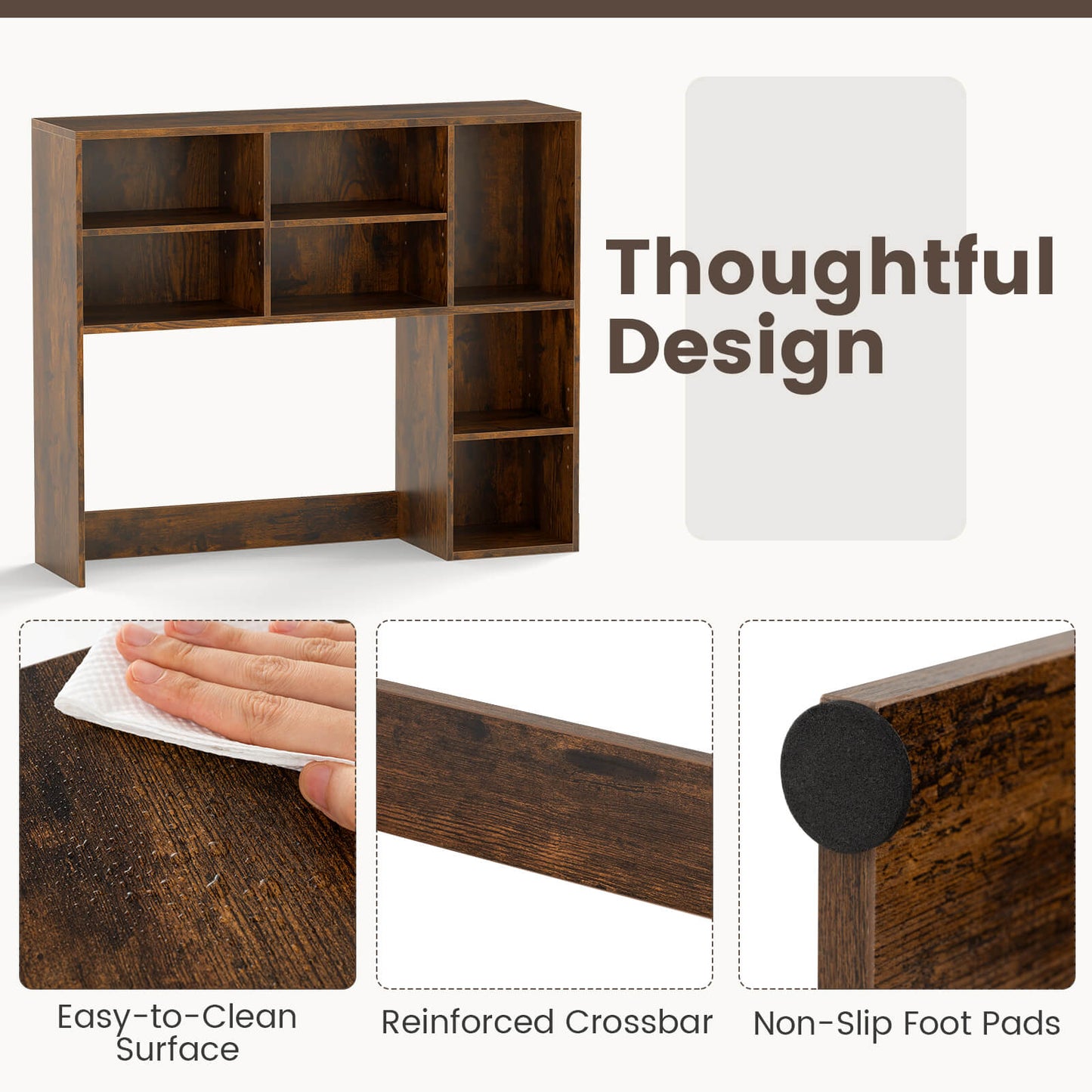 Desktop Bookshelf Desk Hutch with 3 Adjustable Shelves-Rustic Brown