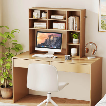Desktop Bookshelf Desk Hutch with 3 Adjustable Shelves-Natural