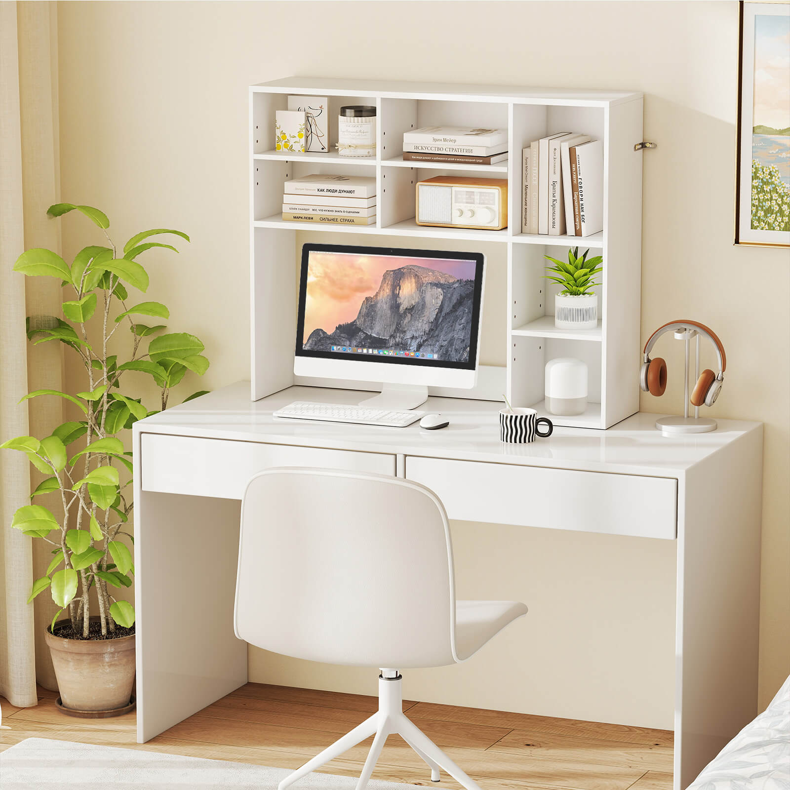 Desktop Bookshelf Desk Hutch with 3 Adjustable Shelves-White