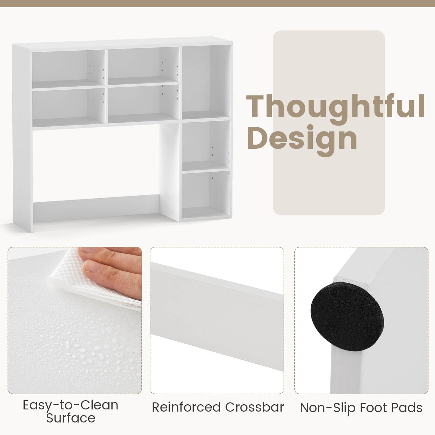 Desktop Bookshelf Desk Hutch with 3 Adjustable Shelves-White