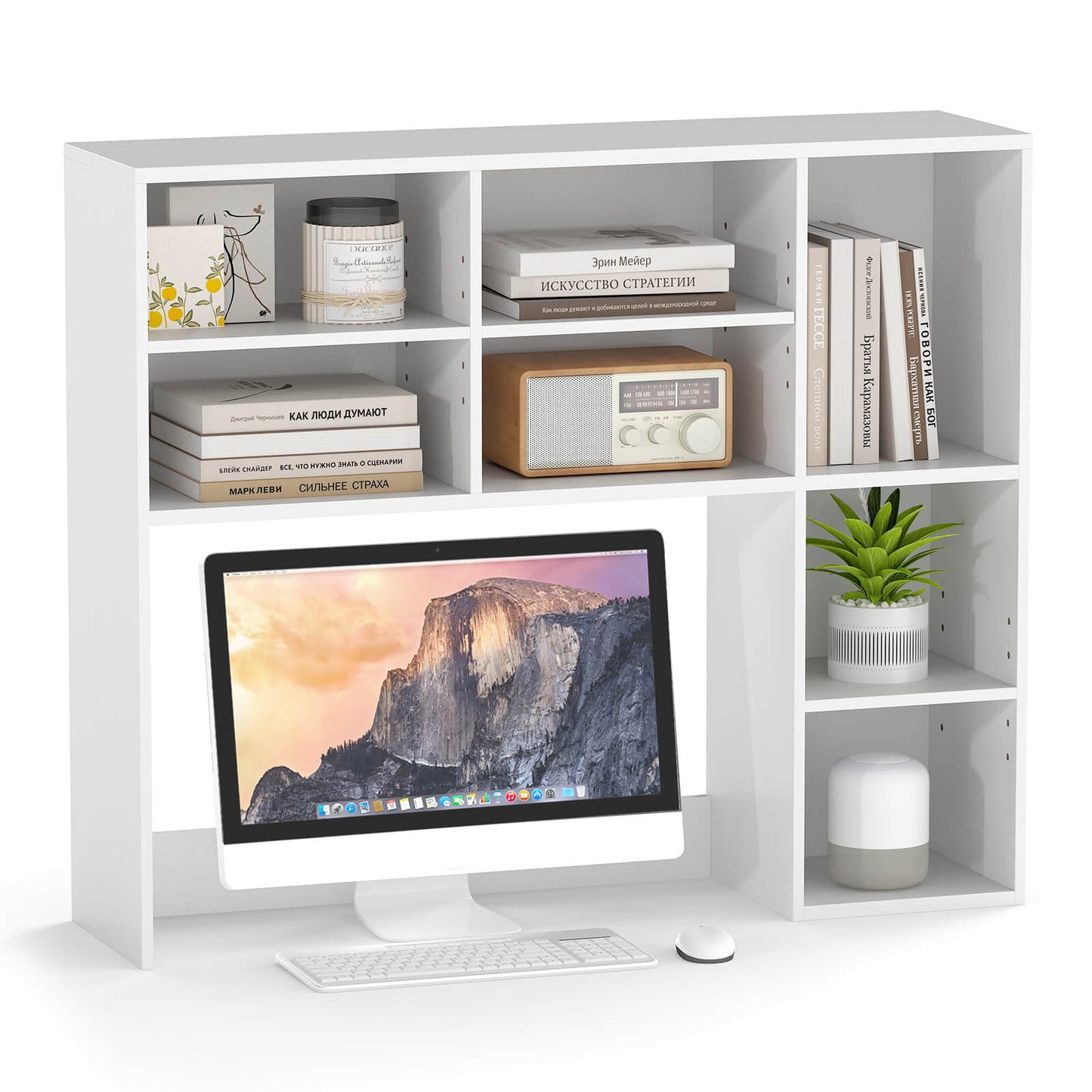 Desktop Bookshelf Desk Hutch with 3 Adjustable Shelves-White