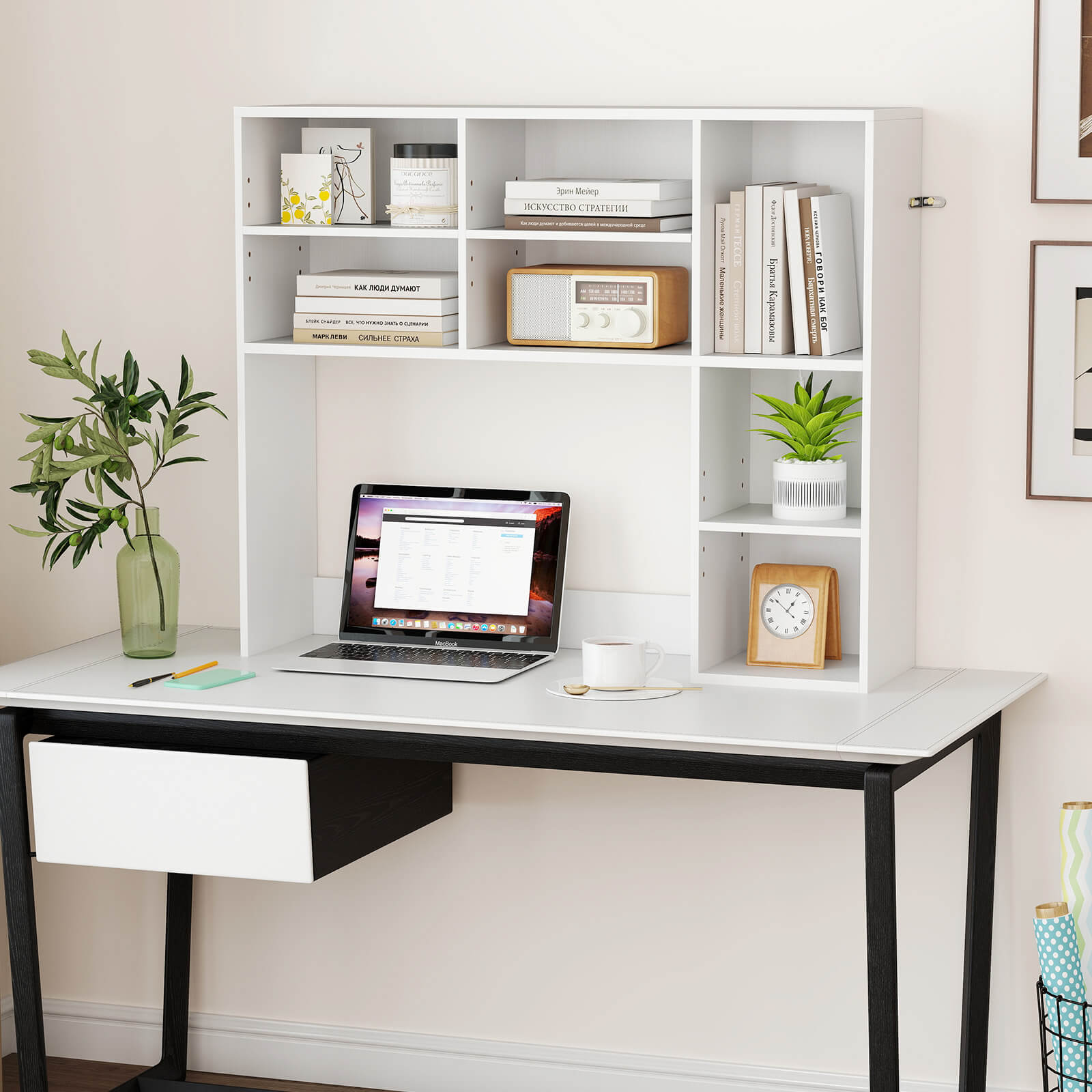 Desktop Bookshelf Desk Hutch with 3 Adjustable Shelves-White
