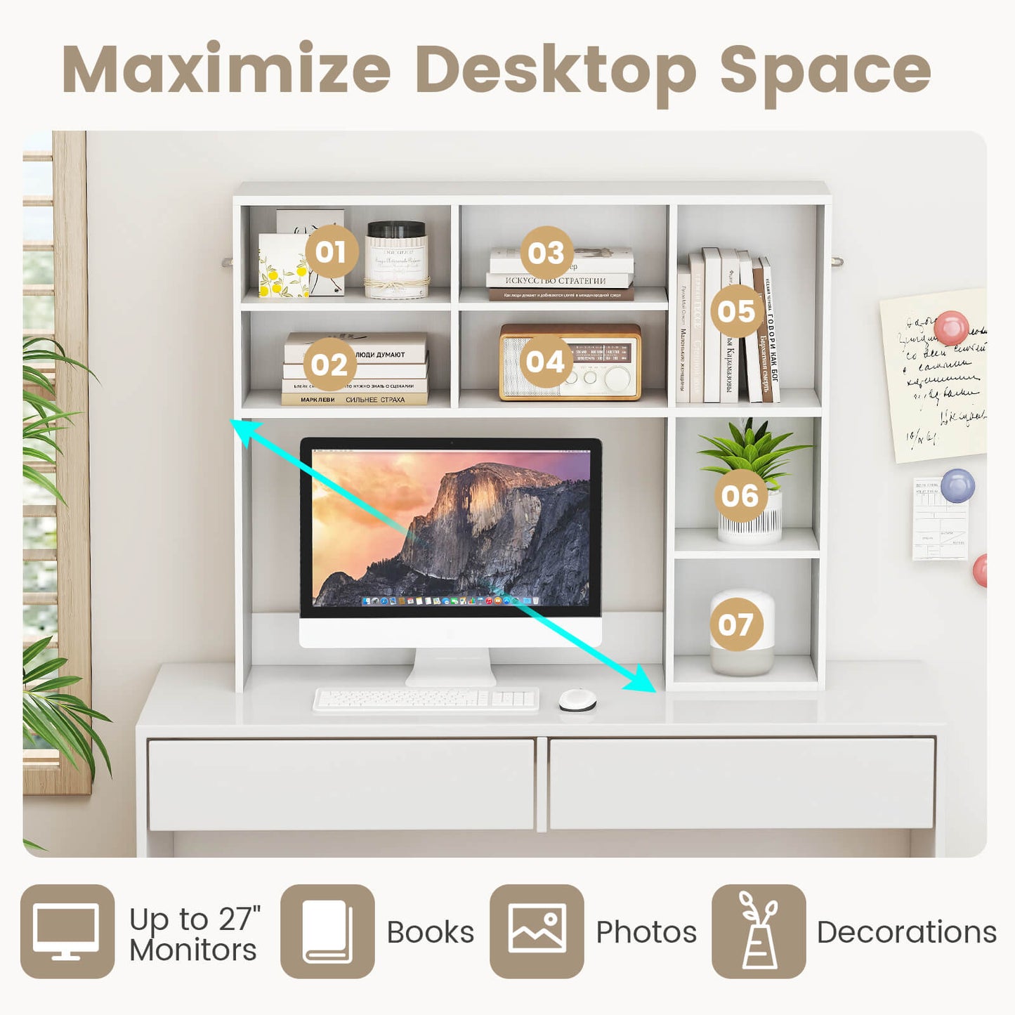 Desktop Bookshelf Desk Hutch with 3 Adjustable Shelves-White