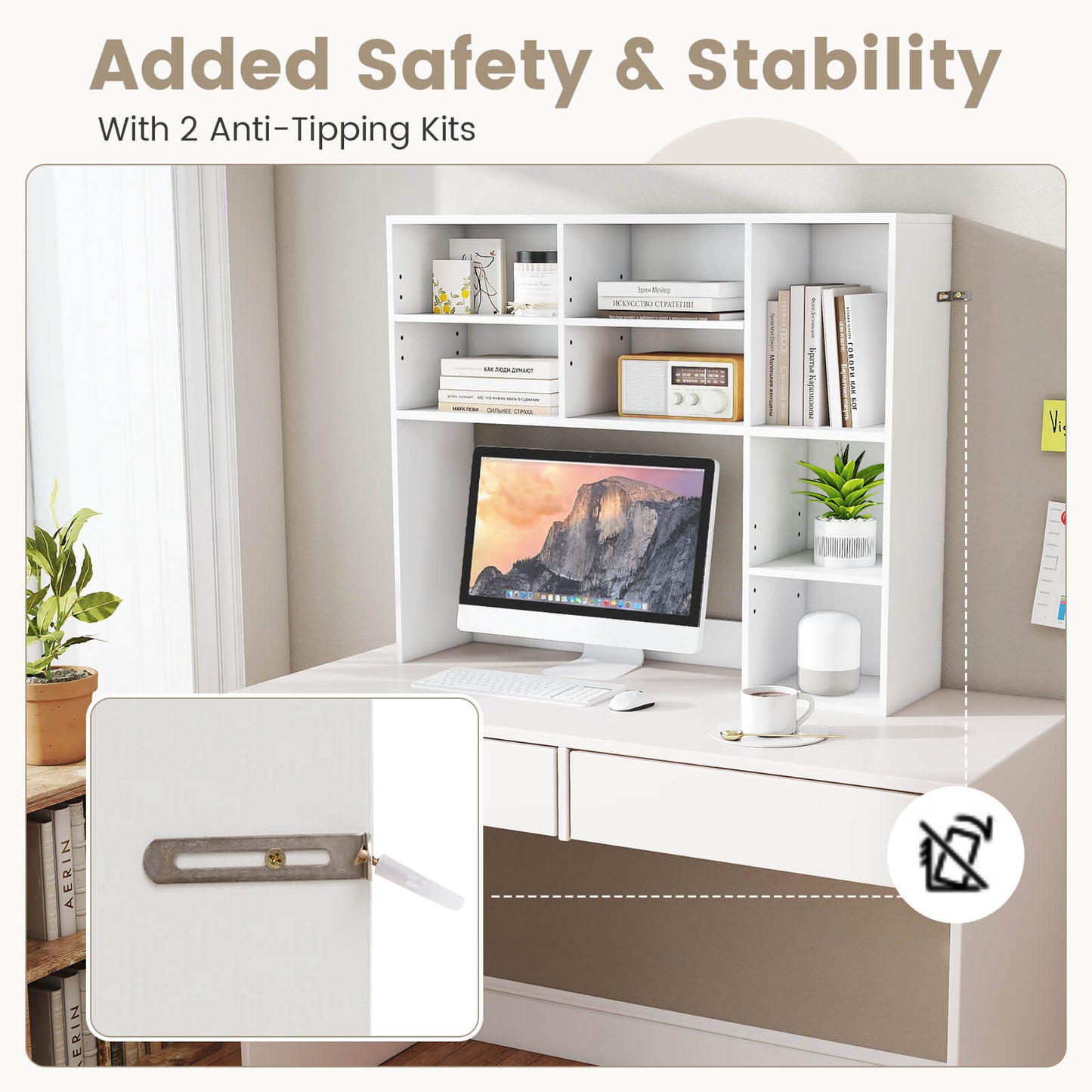 Desktop Bookshelf Desk Hutch with 3 Adjustable Shelves-White