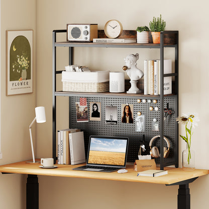 Desktop Bookshelf Multipurpose 2-Tier Desk Hutch with Pegboard-Rustic Brown