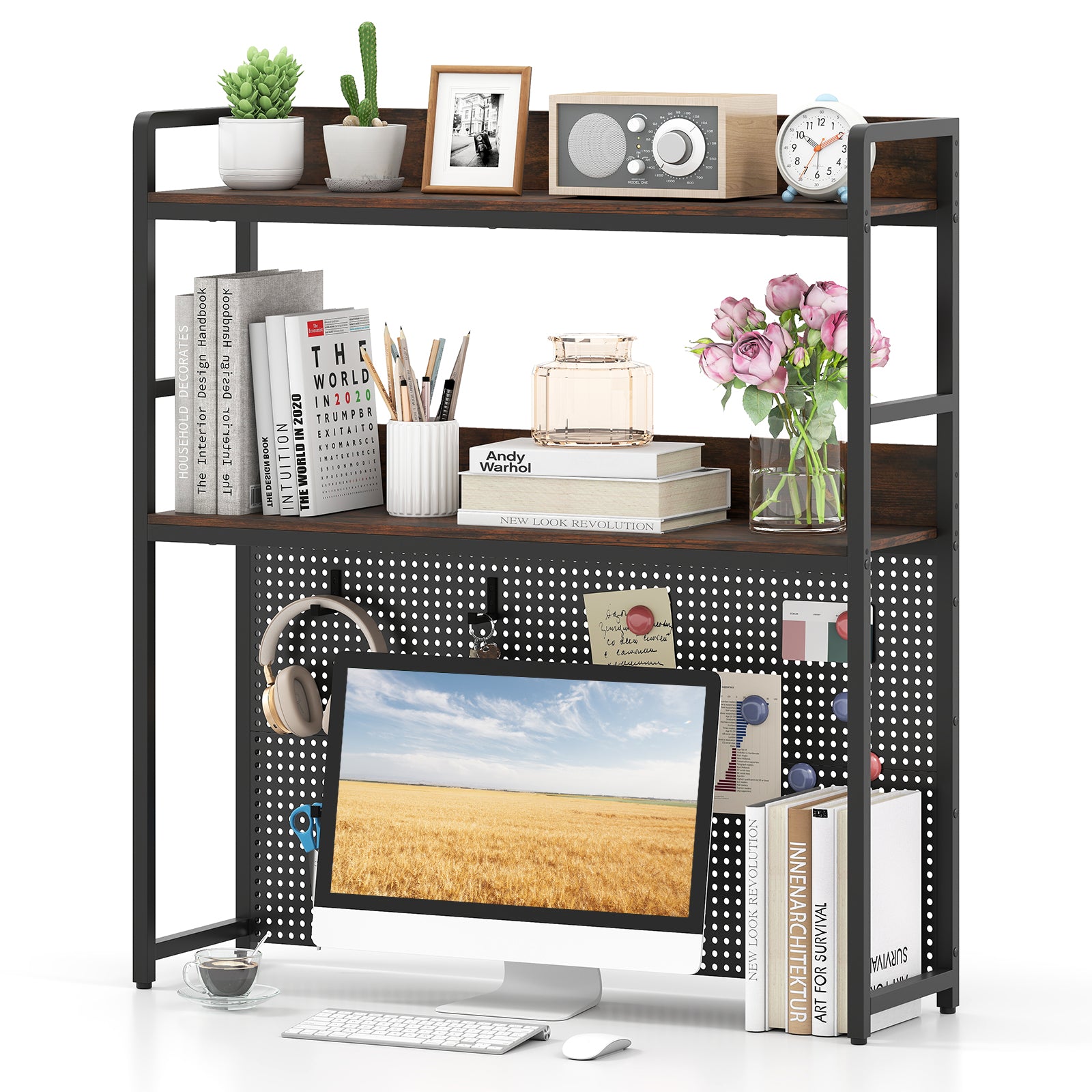Desktop Bookshelf Multipurpose 2-Tier Desk Hutch with Pegboard-Rustic Brown