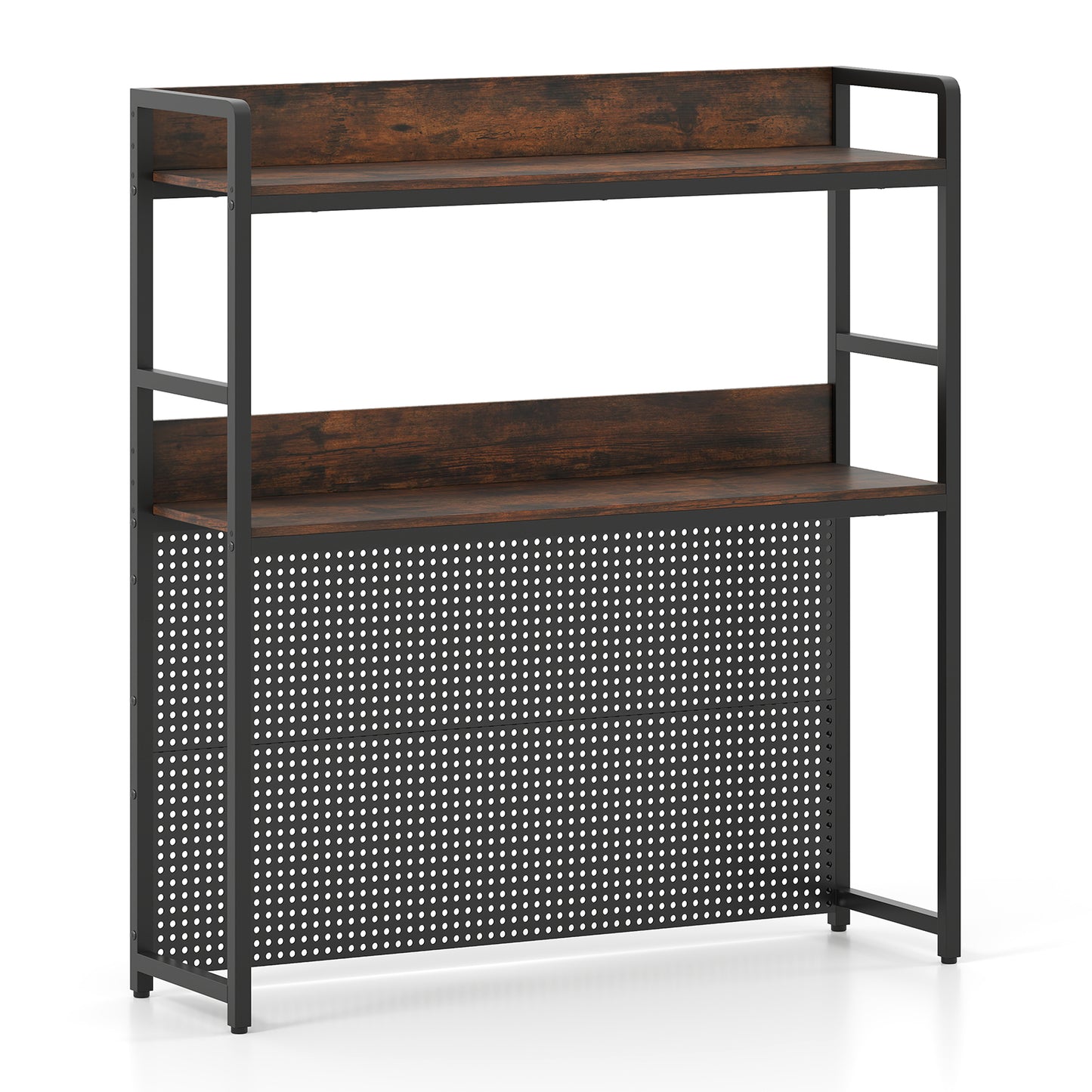 Desktop Bookshelf Multipurpose 2-Tier Desk Hutch with Pegboard-Rustic Brown