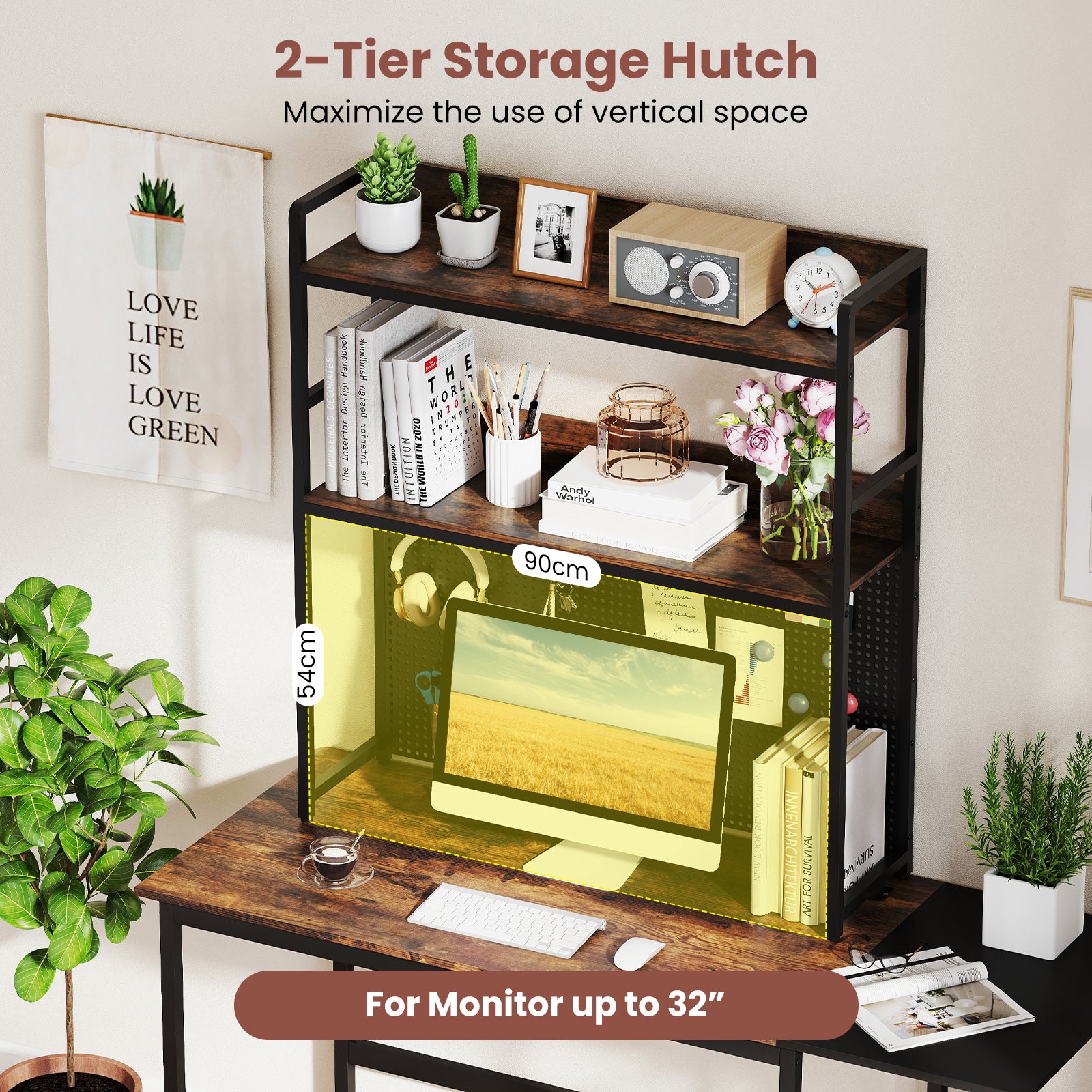 Desktop Bookshelf Multipurpose 2-Tier Desk Hutch with Pegboard-Rustic Brown
