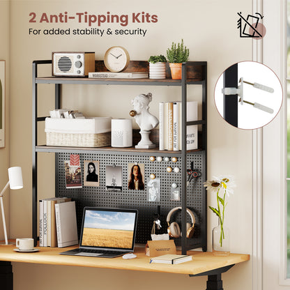 Desktop Bookshelf Multipurpose 2-Tier Desk Hutch with Pegboard-Rustic Brown