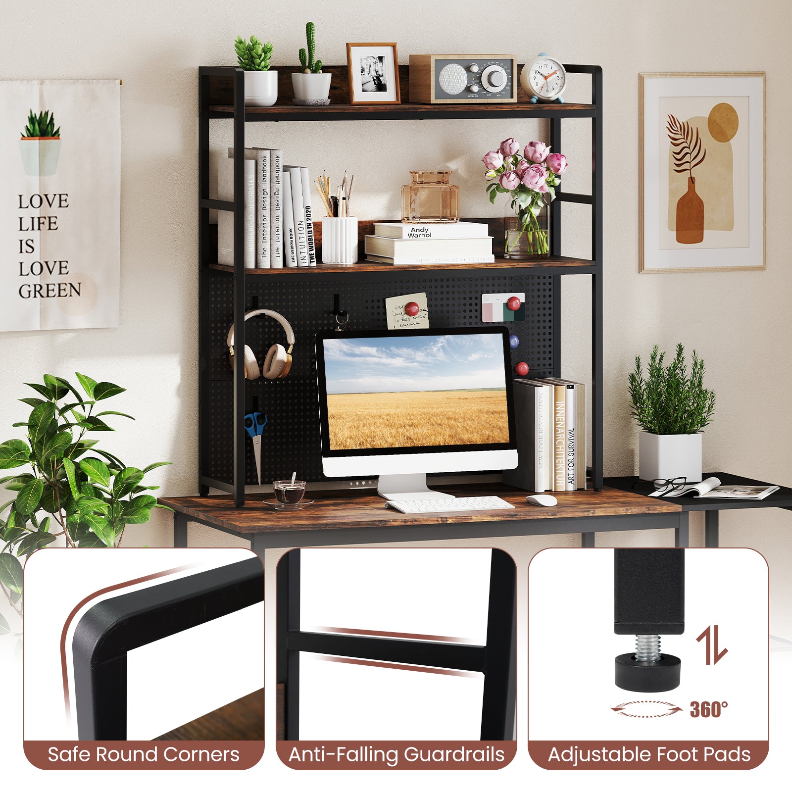 Desktop Bookshelf Multipurpose 2-Tier Desk Hutch with Pegboard-Rustic Brown