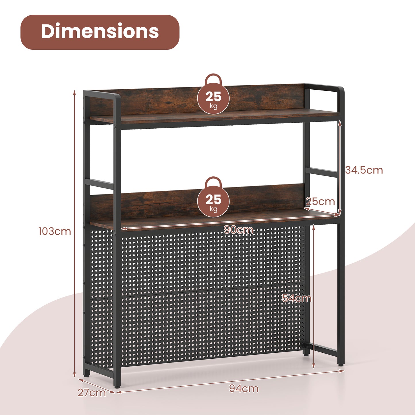 Desktop Bookshelf Multipurpose 2-Tier Desk Hutch with Pegboard-Rustic Brown