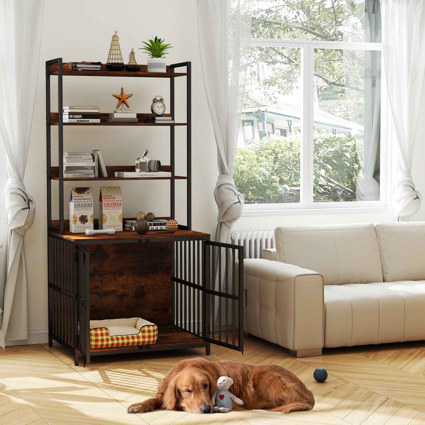 Wooden Dog Crate Furniture with Storage Shelves and Double Doors-Coffee