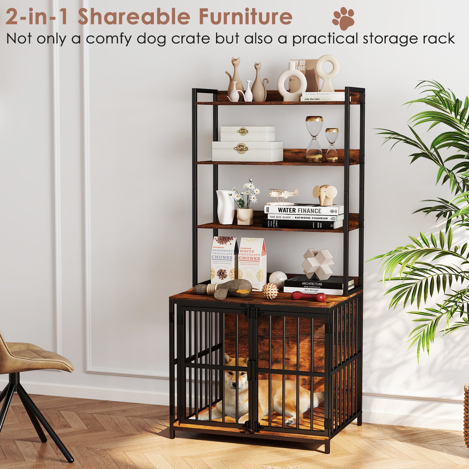 Wooden Dog Crate Furniture with Storage Shelves and Double Doors-Coffee