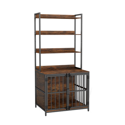 Wooden Dog Crate Furniture with Storage Shelves and Double Doors-Coffee