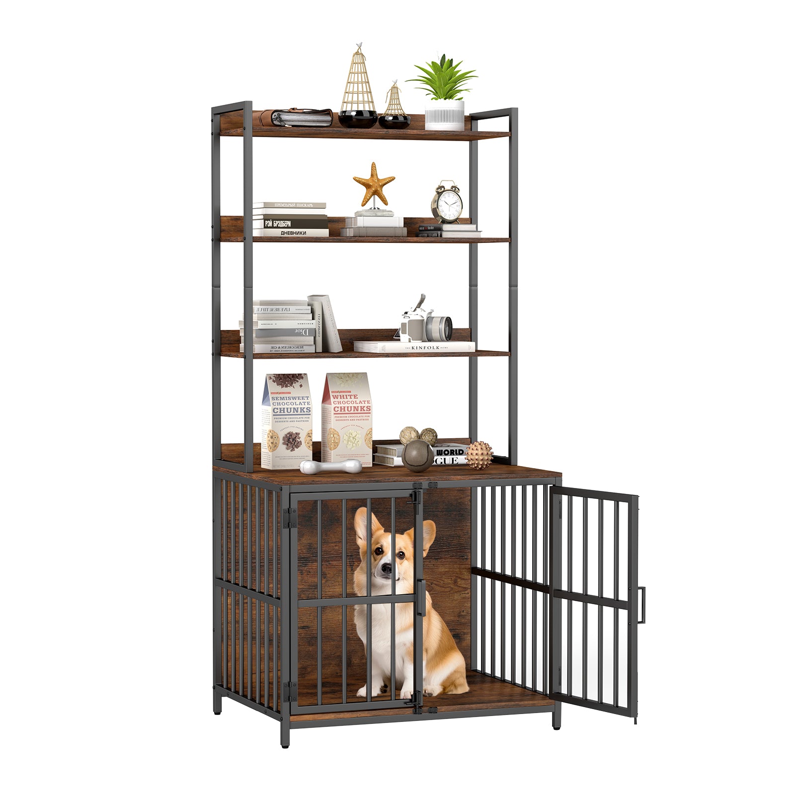 Wooden Dog Crate Furniture with Storage Shelves and Double Doors-Coffee