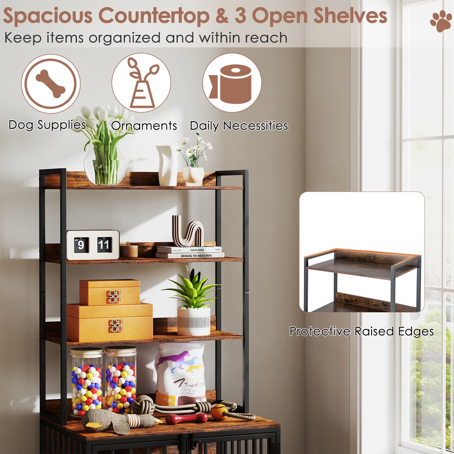 Wooden Dog Crate Furniture with Storage Shelves and Double Doors-Coffee