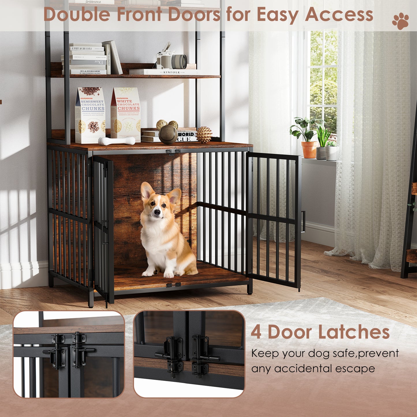 Wooden Dog Crate Furniture with Storage Shelves and Double Doors-Coffee