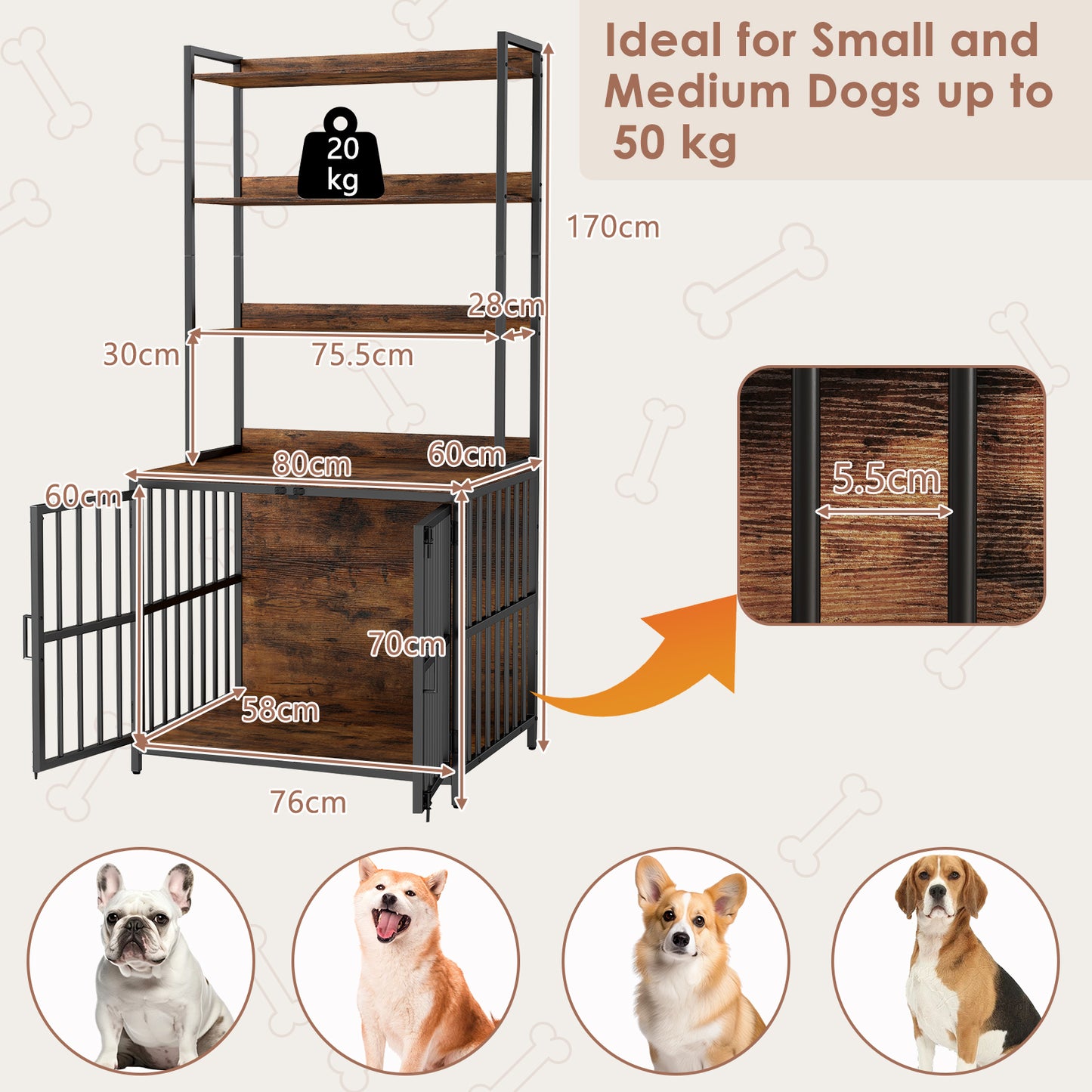Wooden Dog Crate Furniture with Storage Shelves and Double Doors-Coffee