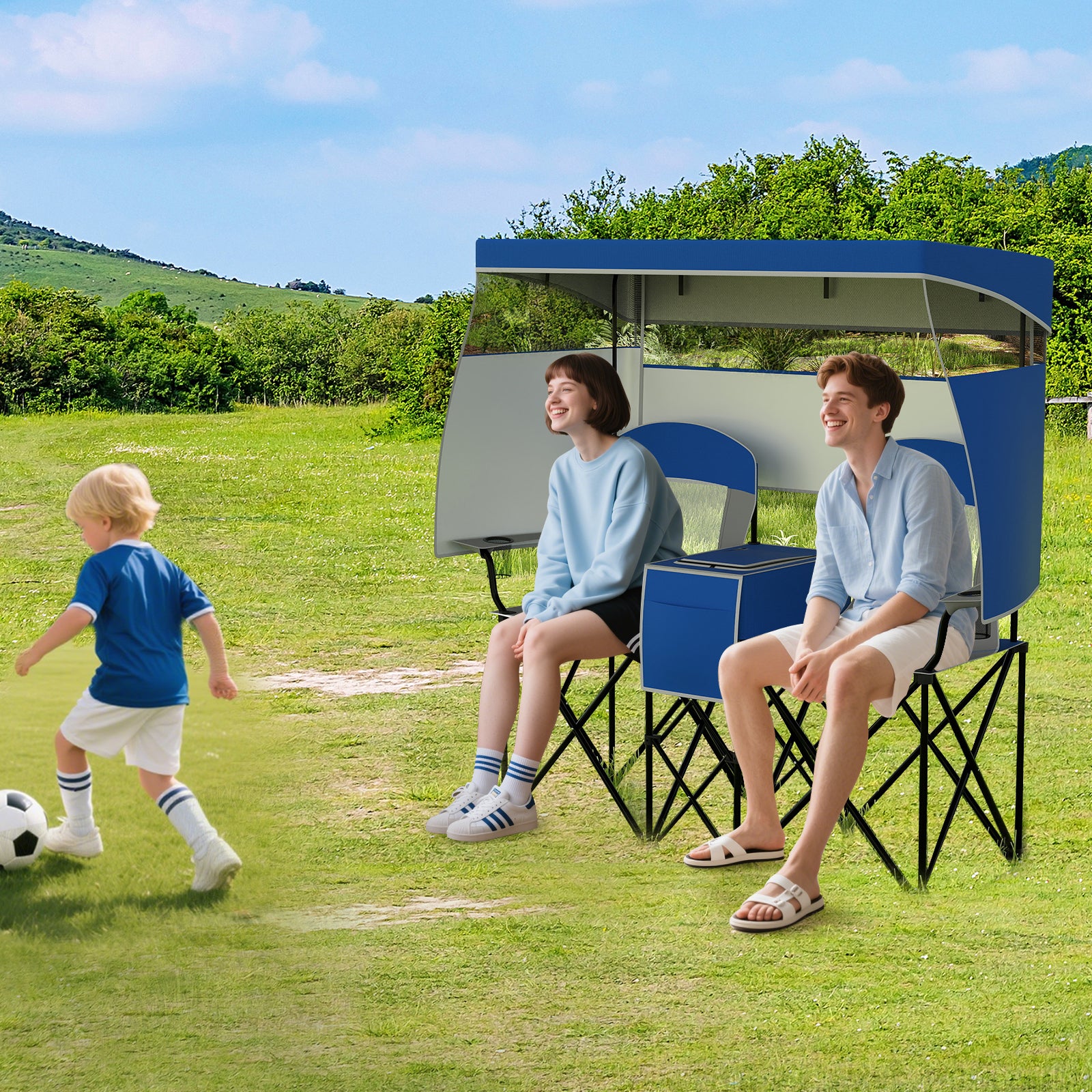 Double Beach Chair with Adjustable Canopy and Cup Holders-Navy