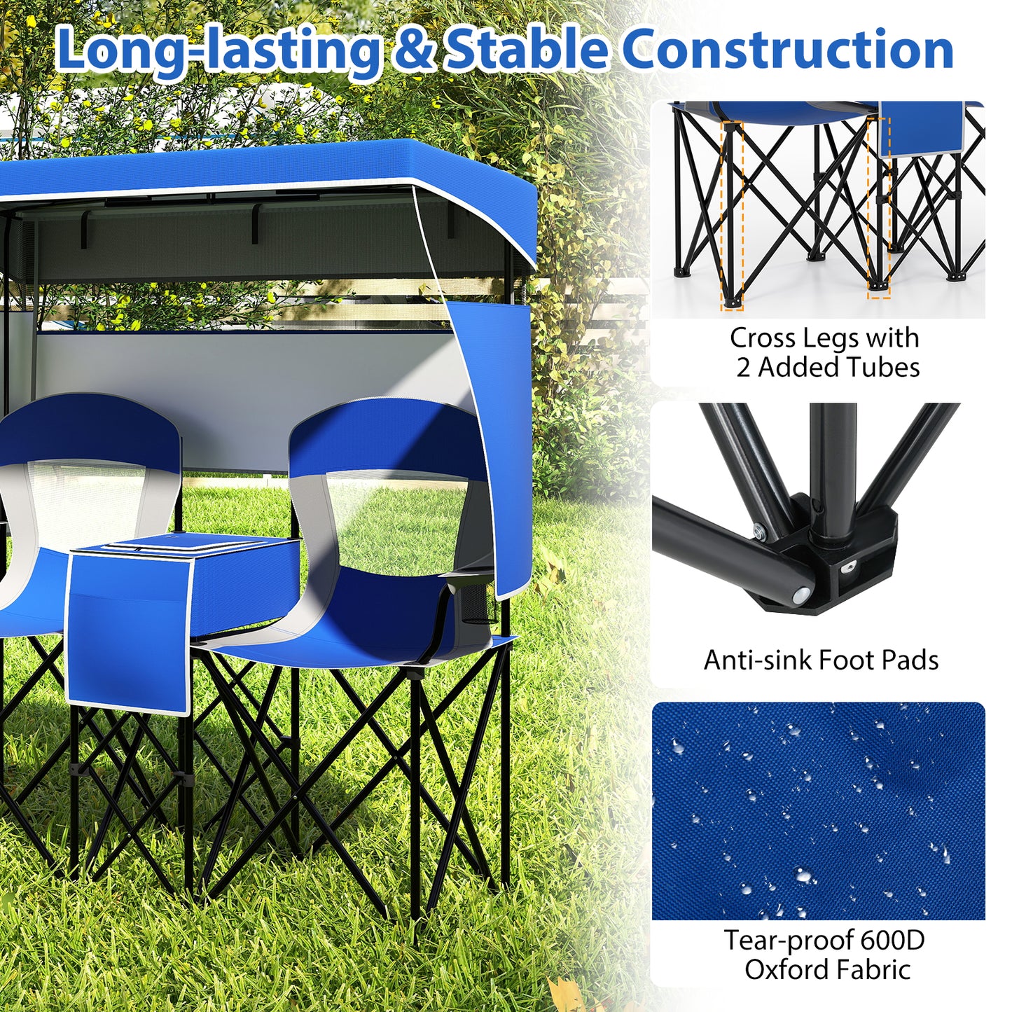 Double Beach Chair with Adjustable Canopy and Cup Holders-Navy