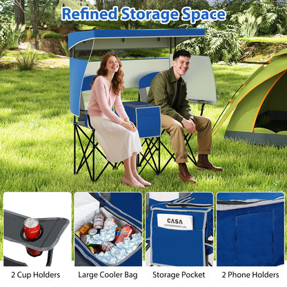 Double Beach Chair with Adjustable Canopy and Cup Holders-Navy