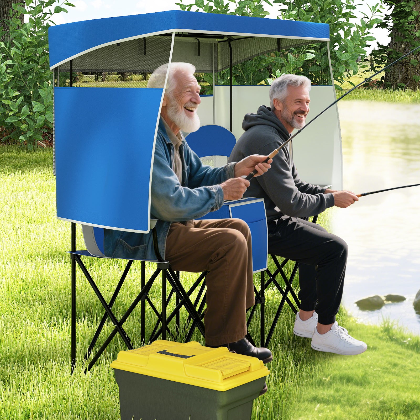 Double Beach Chair with Adjustable Canopy and Cup Holders-Navy