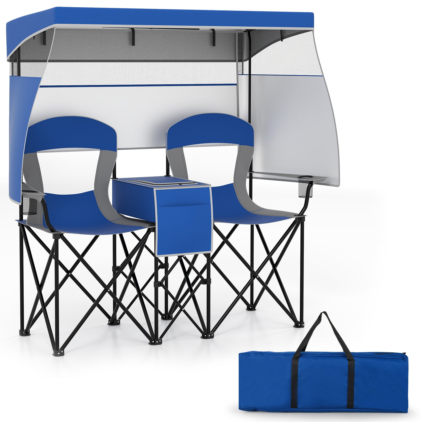 Double Beach Chair with Adjustable Canopy and Cup Holders-Navy