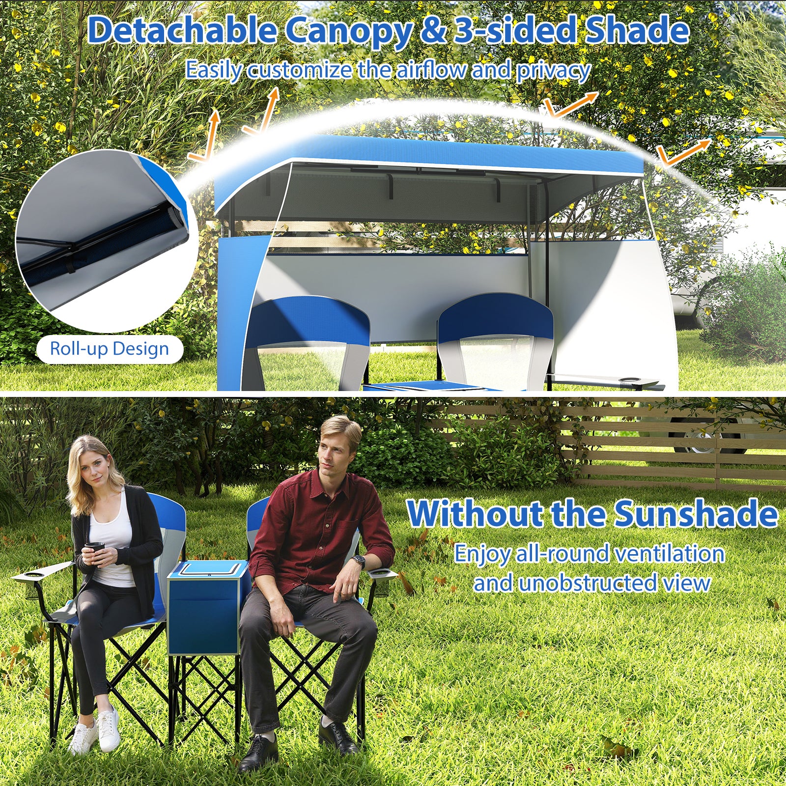 Double Beach Chair with Adjustable Canopy and Cup Holders-Navy